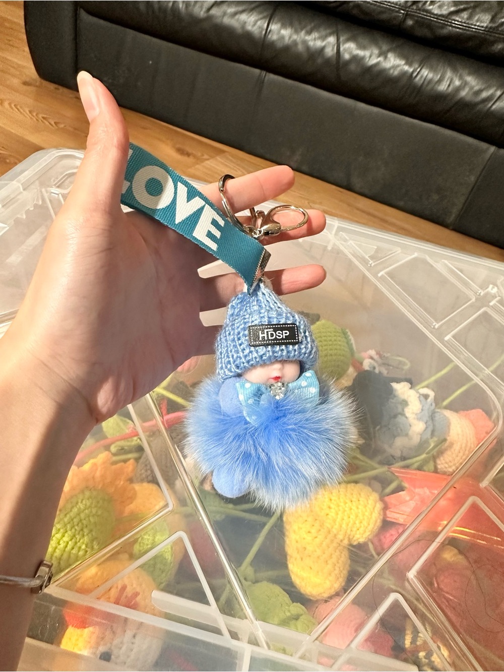 Blue Fluffy Pom Doll Keychain with 'LOVE' Strap